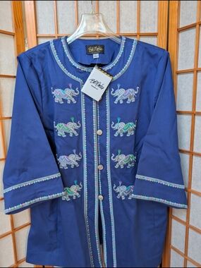 NWT Art Jacket | Bob Mackie Blue Embroidered Elephant Top | Women's Large